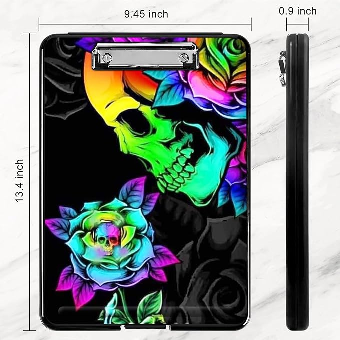 Plastic Storage Clipboard with Low Profile Clip, Heavy Duty Foldable Nursing Clipboard Case for Work, Teacher, Office School Supplies, Colorful Skull Rose Flower