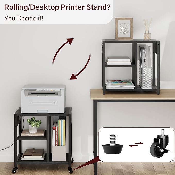Garvee 3-Tier Printer Stand, Rolling Under Desk Printer Cart with Lockable Wheels, Industrial Mobile Printer Table with Power Outlets, USB Ports & Paper Storage Shelf for Home, Office, Retro Black