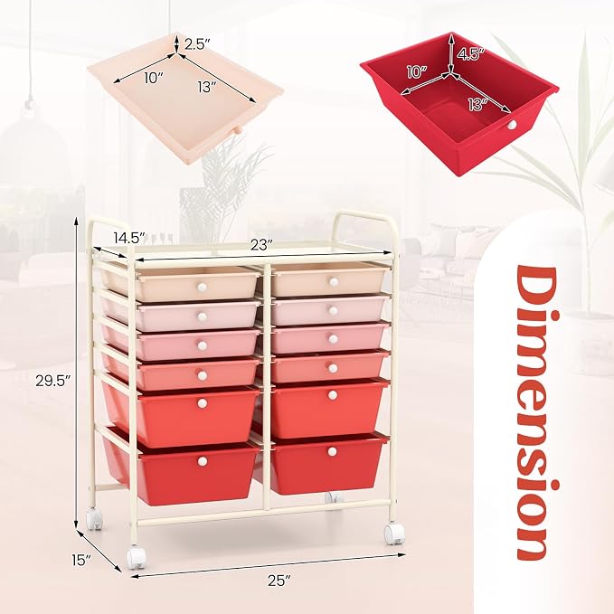 COSTWAY 12-Drawer Rolling Storage Cart, Moveable Art Craft Organizer | Lockable Wheels, Metal Shelf, Files Arrangement Tools Makeup Storage Cart for Office, Home, School (Mixed Pink)