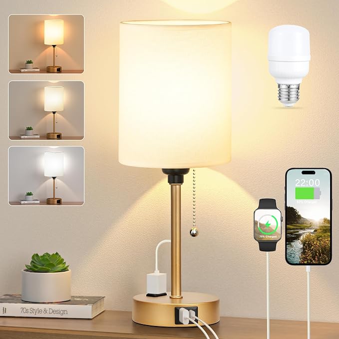 Small Bedside Lamp for Nightstand, Gold Desk Lamp for Dorm Room Bedroom | USB A+C Ports, AC Outlet, 3 Color Temperatures, LED Bulb Included, White Fabric Shade, Gold Brass Base, 14" Night Stand Lamp