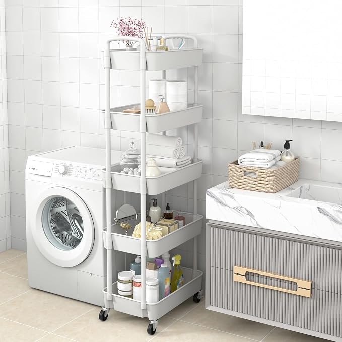 Sywhitta 5-Tier Plastic Rolling Utility Cart with Wheels for Storage,White | Multi-Functional Storage Trolley, for Office, Living Room, Kitchen, Bathroom,Movable Organizer,Space-Saving,Easy to assemble