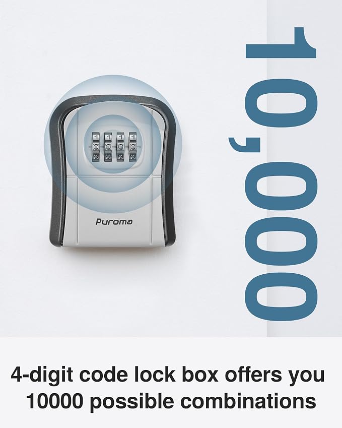 Puroma 4 Key Lock Box Combo Wall-Mounted Storage Safe Lockbox Home Office | Outside, Portable, Wall Mount, Resettable, Combination, Weatherproof, High-capacity, Hold 5 Keys, Contractor Guest Realtor