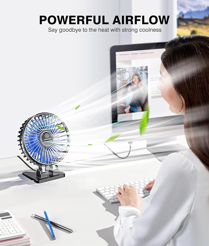 JZCreater USB Desk Fan, Mini Portable Fans, 3 Speeds Desktop Table Cooling Fan, Plug in Power, Rotation Strong Wind, Quiet Personal Small for Home Office Travel Bedroom, Black Blue