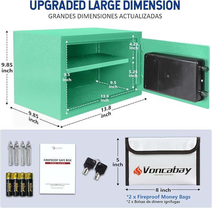Voncabay Money Safe Box for Home with Digital Keypad, 0.8 Cu. Ft., Green | Alloy Steel, 2 Fireproof Bags, Digital Keypad with Display, Removable Shelf, Fits A4, 13.8 x 9.85 x 9.85 In.