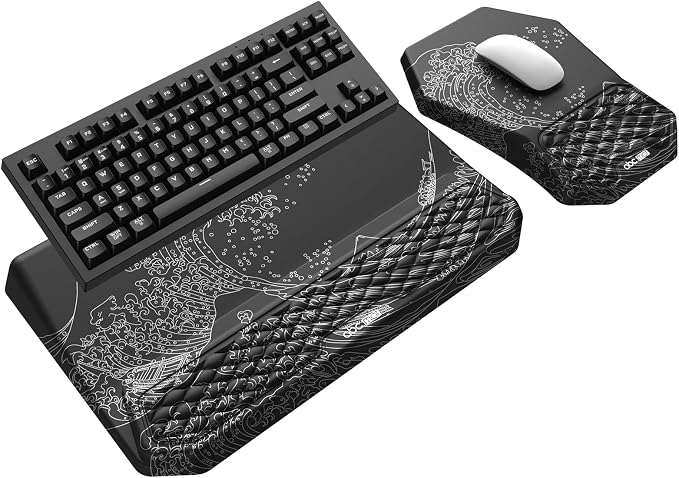 3-in-1 Ergonomic Keyboard Stand with Wrist Rest & Mouse Pad Set, Black Wave | Comfy Keyboard Riser Holder Soft Mousepad with Massage Design, Memory Foam and Non-Slip PU Base for Pain Relief