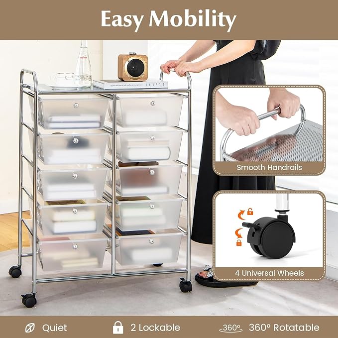 10 Drawer Rolling Cart, Storage Cart Organizer on Wheels, Drawer Cart with Metal Frame & Large Storage Capacity, Rolling Cart with Drawers for Living Room Classroom, Office