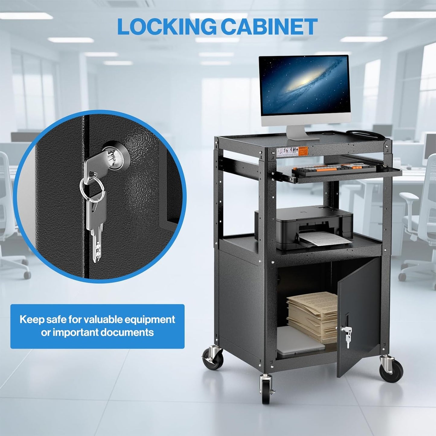 Steel Large AV Cart with Locking Cabinet - Adjustable Height Media Carts with Wheels, Pullout Tray, Power Strip for Mobile Work Station - Rolling Computer Cart for Office Classroom Presentation
