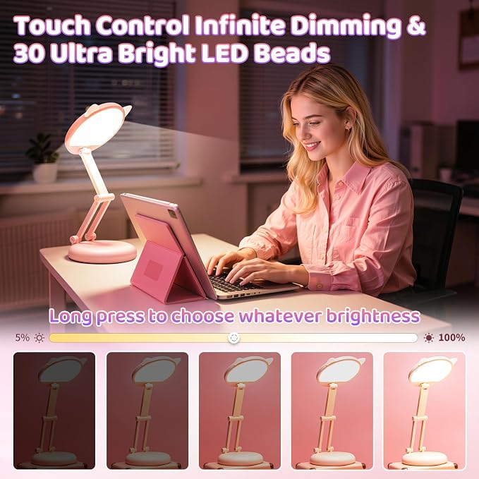 One Fire Cute Desk Lamp Pink Dorm Lamps for College Girls Foldable Portable Rechargeable Dimmable Cute Cat Lamp Kawaii Room Decor,College Dorm Decor for Girls Pink Classroom Essentials