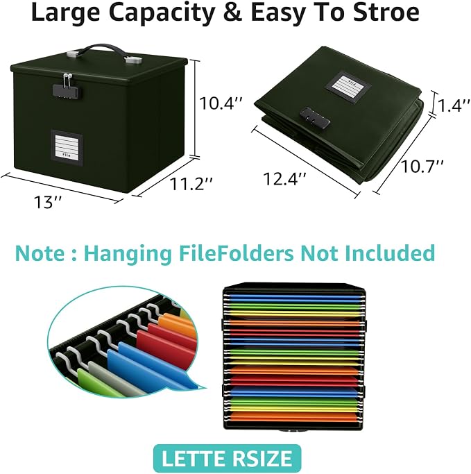 Army Green Fire Proof File Box for Documents - Portable Fireproof Document Organizer Box with Handle Waterproof Safe Locking Folder Storage with Lid