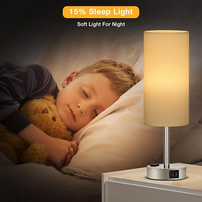 Touch Bedside Table Lamps Set of 2 - Bedroom Lamp with USB A+C, AC Outlet | 3-Way Dimmable, LED Bulb Included, White Fabric Lampshade, Sleek Silver Metal Base & Pole, 14" Small Nightstand Lamp for Desk