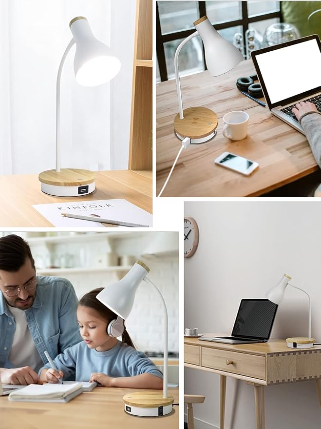 LALISU Metal Desk Lamp Wireless Charging Table Lamp Touch Reading Lights Arc Desk Lamps for Bedroom, 3 Way Dimmable Bedside Lamp with USB Charging Ports Lamp for Study Room and Office (White)