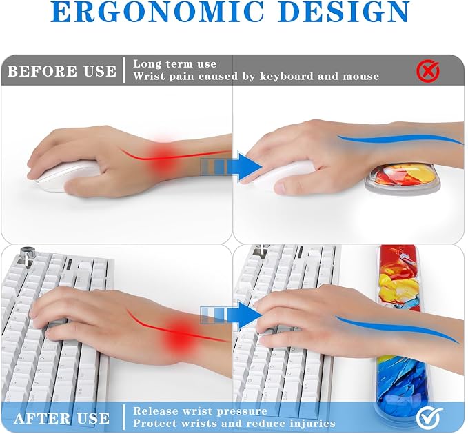 Keyboard and Mouse Wrist Rest, Silicone Gel Ergonomic Mouse Pad with Wrist Rest Set, Gaming Mousepad Arm Cushion Support for Computer Office Desk Accessories (Clear Gel Colorful - 2)
