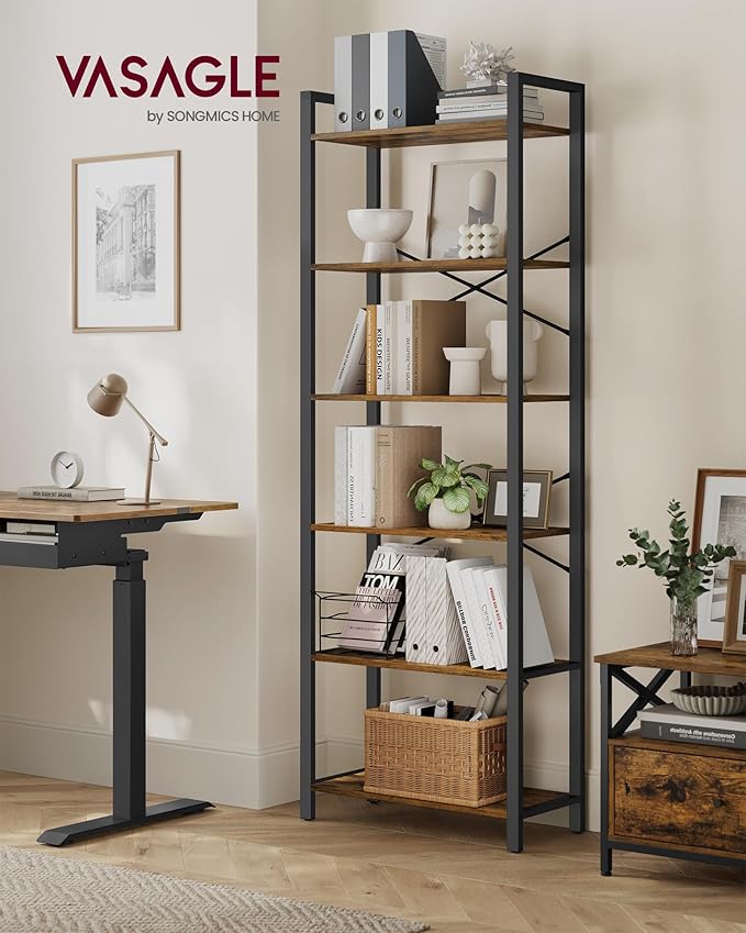 VASAGLE 6-Tier Bookshelf, Bookcase with Steel Frame, Book Shelf for Living Room, Home Office, Study, 11.8 x 26 x 73.2 Inches, Industrial Style, Rustic Brown and Ink Black ULLS062B01