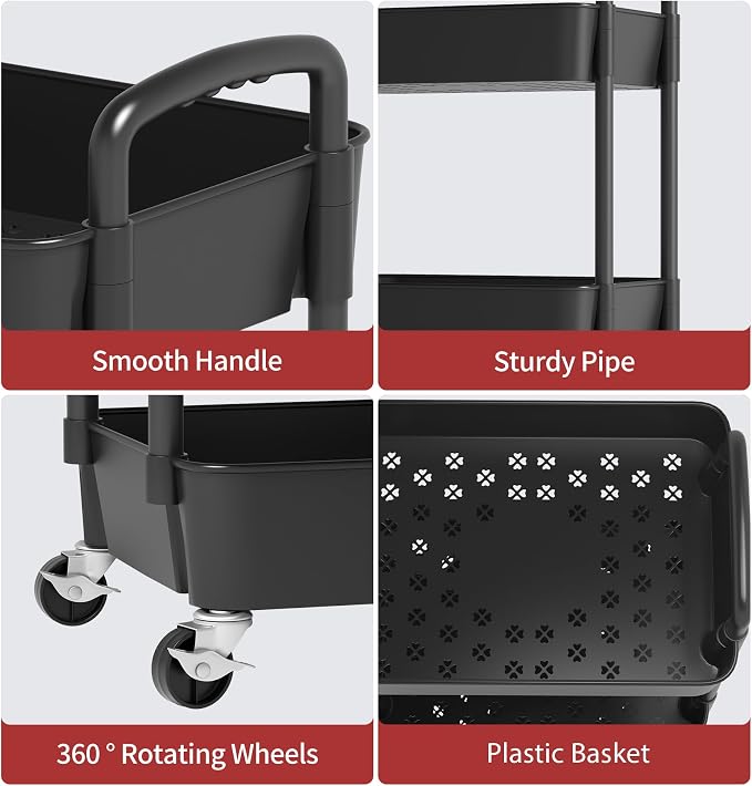 Sywhitta 3-Tier Plastic Rolling Utility Cart with Wheels for Storage,Black | Multi-Functional Storage Trolley, for Office, Living Room, Kitchen, Bathroom,Movable Organizer,Space-Saving,Easy to assemble