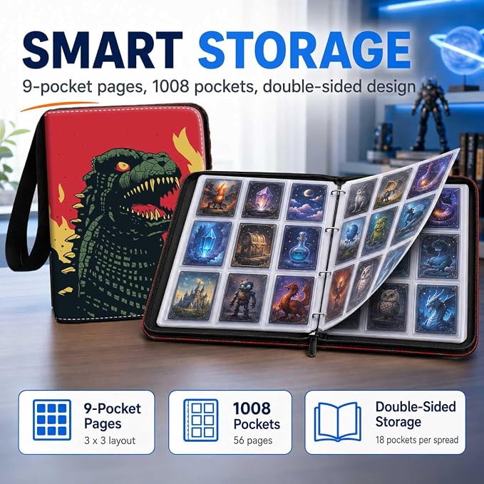1008 Card Binder 9 Pocket, 3-Ring Trading Card Binder with 56 Page Removable Sleeves, High Storage Waterproof Trading Card Holder Collection Card Album Organizer Case for TCG Cards - Fire