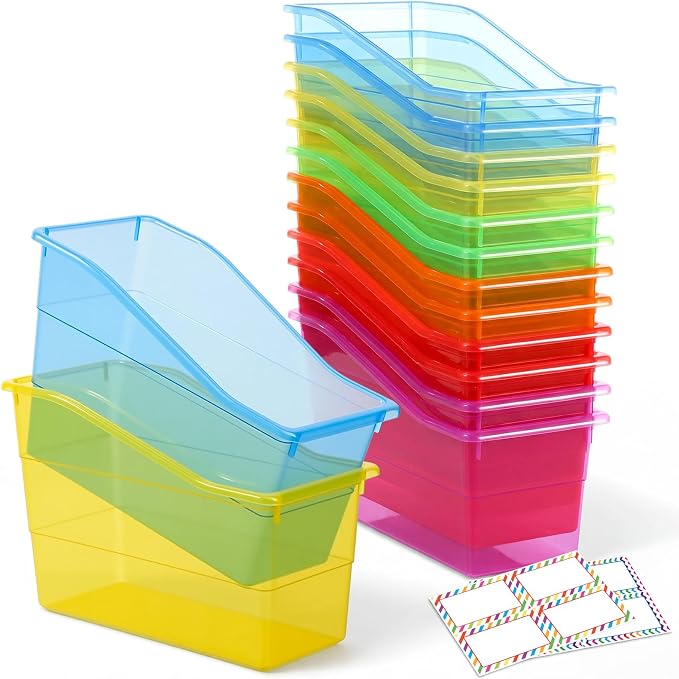 Blosssound 12 Set Book Bins for Classroom Stackable,Translucent Colorful | Plastic Baskets with Labels, Slanted Front, Library Supplies Organizers, Desktop Storage Bins, Teachers Home School Use