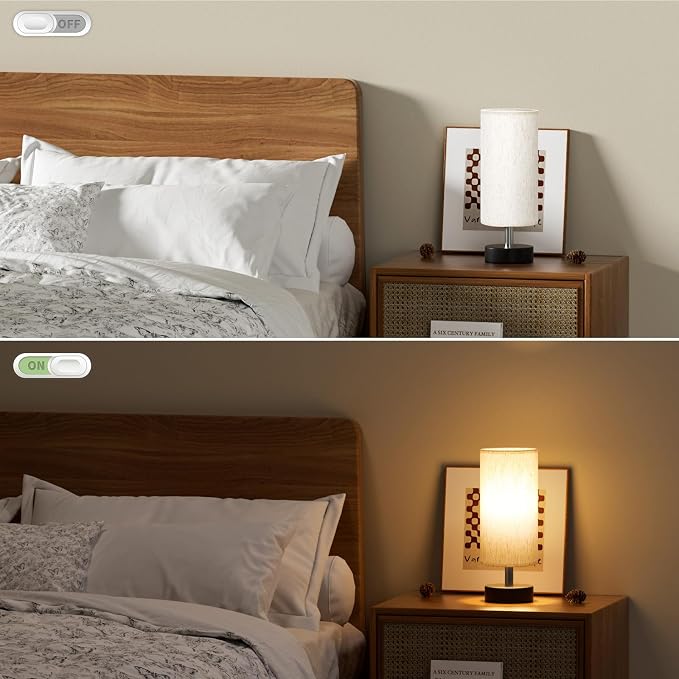 PartageiZ Small Table Lamp for Bedroom - Bedside Lamps for Night Stands | Bulb not Included | Minimalist Desk Lamp | Linen Fabric Shade | for Living Room | for Dorm | 11.6" Inline Control