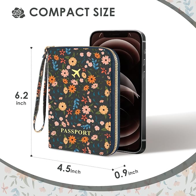 KONVINIT Black Floral Passport Holder For Travel, Passport Cover For Women | Leather RFID Blocking Passport Holder, Cute Passport Wallet with Zipper Closure, Passport Case for Women and Men