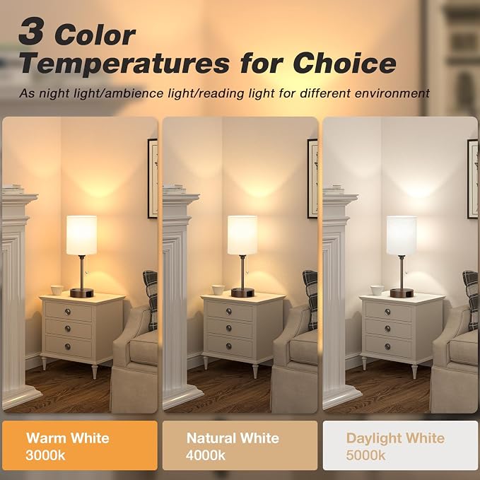 Small Bedside Table Lamp for Bedroom, Desk Lamp with USB Ports for Dorm | USB A+C Ports, AC Outlet, 3 Color Temperatures, LED Bulb Included, Beige Fabric Shade, Coffee Base, 14" Night Stand Lamp