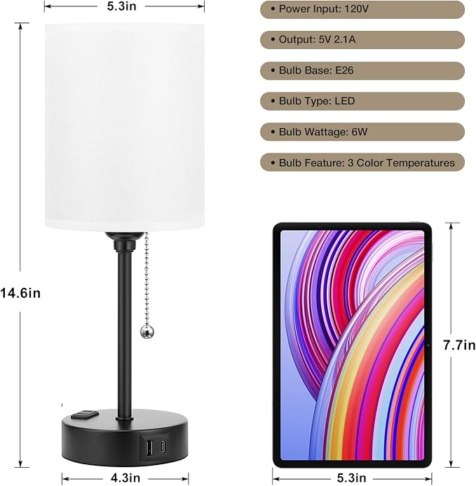 Dicoool Bedside Table Lamp for Bedroom - Small Desk Lamp with USB Ports | USB A+C Ports, AC Outlet, 3 Color Temperatures, LED Bulb Included, White Fabric Shade, Black Metal Base, 14" Nightstand lamp
