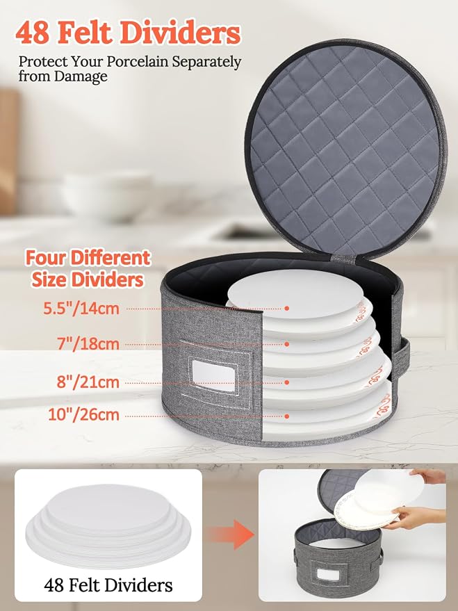Cirhy Hard Shell China Storage Containers 4-Piece Set - Reinforced Hard-Sided Moving Boxes for Dinner Plates, Bowls & Saucers - Stackable Dish Packing Protectors with 48 Felt Dividers