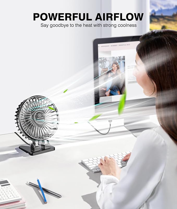 JZCreater USB Desk Fan, Mini Portable, 3 Speeds Desktop Table Cooling, Plug in Power, Rotation Strong Wind, Quiet Personal Small for Home Office Travel Bedroom, Black