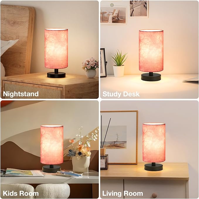 Small Table Lamps(Pink Shade - Black Base, 9" Inline Control) | 3000K LED Blub Included | 680 Lumens | Easy Assembly | Minimalist Design | E26 | for Kitchen | for Kids Room