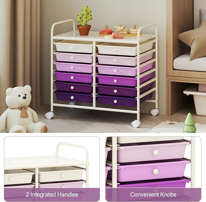 RELAX4LIFE 12-Drawer Rolling Storage Cart - Mobile Utility Cart on Wheels for School Classroom Teacher Office Salon, Paper File Art Supply Craft Organizer, Rolling Cart with Drawers (Gradient Purple)