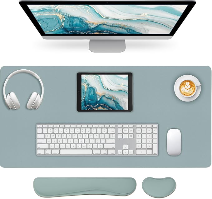 Desk Mat Set,3-in-1 Mouse Pad with Wrist Rest and Keyboard Pad | 35.4" x 16.9" Ergonomic Keyboard and Mouse Pad Set, Memory Foam Keyboard Wrist Rest, Waterproof Computer Mat, Mist Blue