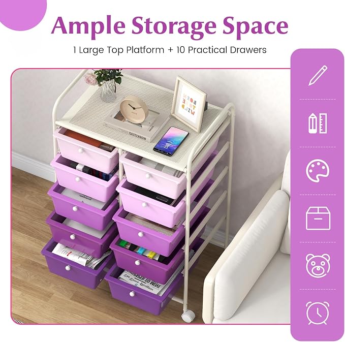 COSTWAY 10 Drawer Rolling Storage Cart, Utility Cart with Lockable Wheels | Mobile Art Supply Craft Organizer with Metal Frame, Multipurpose Drawer Cart for Paper for Office, School, Purple Gradient