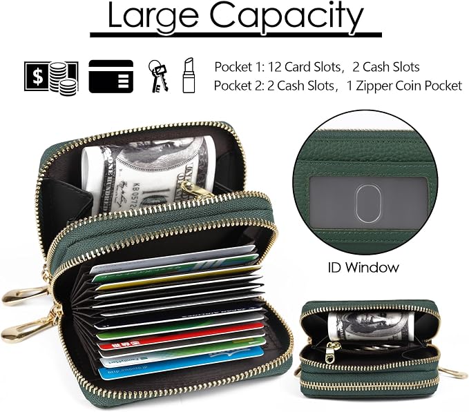 imeetu RFID Credit Card Holder, Small Card Wallet Women, Leather Card Case | Genuine Leather Women's Card & id Cases, Change Coin Purse with Zipper Keychain id Window, 20 Colors & 3 Styles, Daily, Gifts