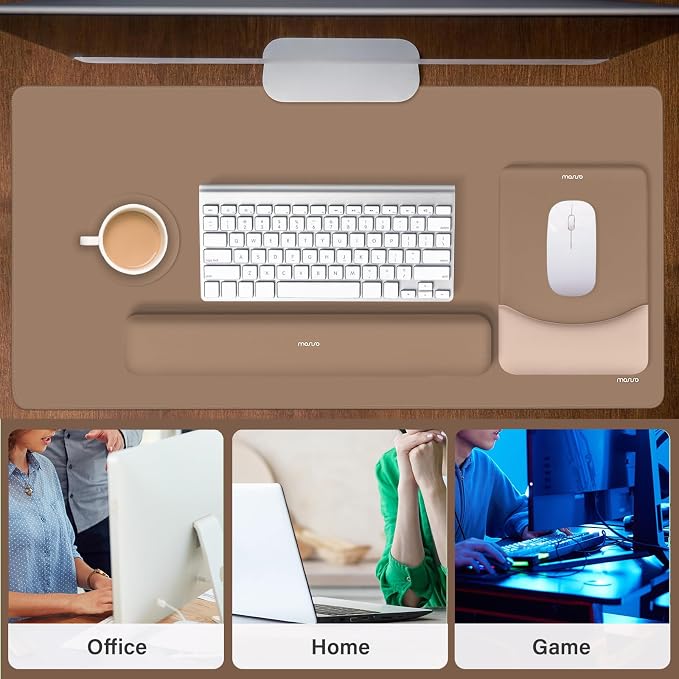 MOSISO Keyboard Mouse Pad Set, Large Gaming Mouse Pad&Keyboard Wrist Rest | Rectangular Mousepad with Wrist Rest&Coaster, Ergonomic Non-Slip&Easy Typing Pad with Curved Silicone Lining, Mocha