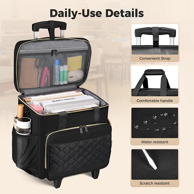 Ytonet 15.6" Teacher Rolling Bag with Insulated Lunch Bag, Bag with Wheels | Rolling Tote Bag for Work with Detachable Dolly, Large Rolling Laptop Bag for Women, Roller Craft Bag, Travel, Teacher Cart