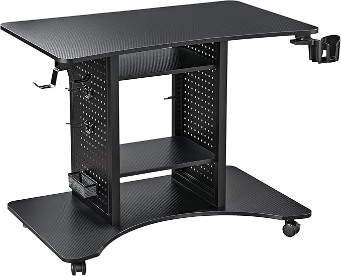 EUREKA ERGONOMIC Gaming Desk Computer, 37" Rolling Desk on Wheels for Small Space, Mobile Computer Cart with Pegboards Adjustable Shelves for Gaming PS Switch Home Office - Black