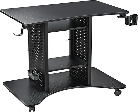 EUREKA ERGONOMIC Gaming Desk Computer, 37" Rolling Desk on Wheels for Small Space, Mobile Computer Cart with Pegboards Adjustable Shelves for Gaming PS Switch Home Office - Black