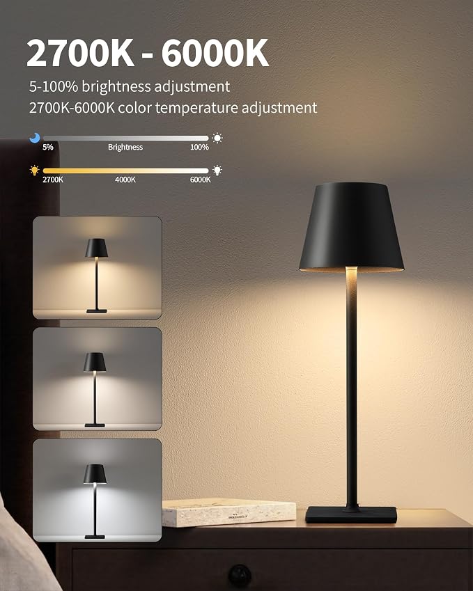 KDG Cordless Black Table Lamp, Portable Desk Lamp, 5000mAh Battery Operated | LED 3 Color Stepless Dimming Up, for Restaurant, Bedroom, Bars, Outdoor Party, Camping, Coffee Shop, Atmosphere Night Light