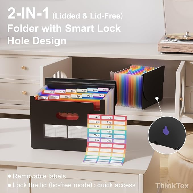 ThinkTex 10-Pack Accordion File Folders - 12 Pockets Bulk Organizer | , Heavy Duty Letter/A4 Document Holder with Color Tabs for Business Tax, School & Office & Back to School Supplies - Black