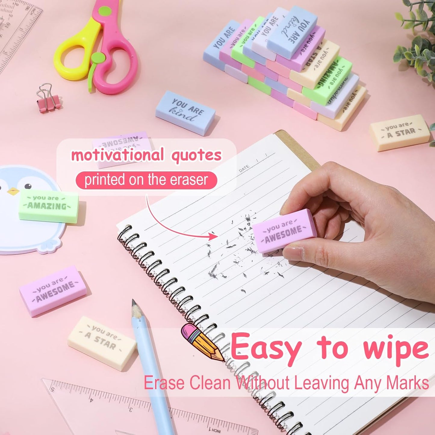 180 Pcs Inspirational Erasers for Kids Christian Pencil Erasers Bulk, Back-to-School Gifts Motivational and Cute Supplies for Students Classrooms, Drawing(Macaron,Motivational)