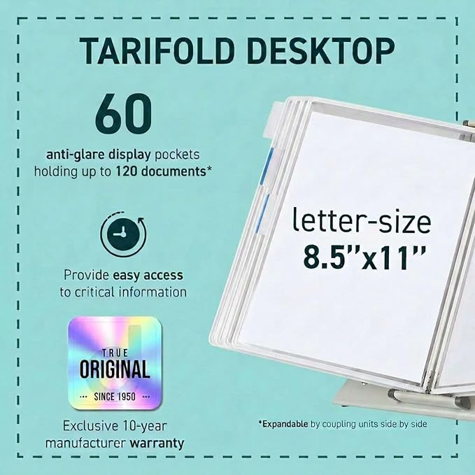 Tarifold Desktop Reference Display System, 60 Pockets, White | 60 double-sided PVC pockets, holds 120 letter-size sheets, sturdy metal base, quick-find indexing, quick and easy to assemble