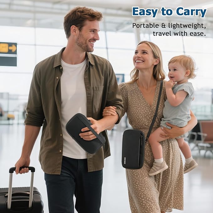 MoKo Family Passport Holder for 8, RFID Blocking Wallet with Airtag Hole | Passport Travel Wallet with Airtag Hole & Shoulder Strap, Travel Documents Organizer for Tickets, Cards, Cash, Keys, Black