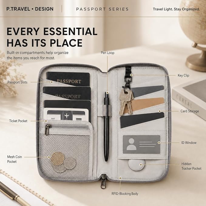 Family Passport Holder for 6, RFID Blocking Travel Wallet with AirTag Holder, Large Travel Document Organizer Pouch for Women Men with Neck Strap and Zipper Pocket