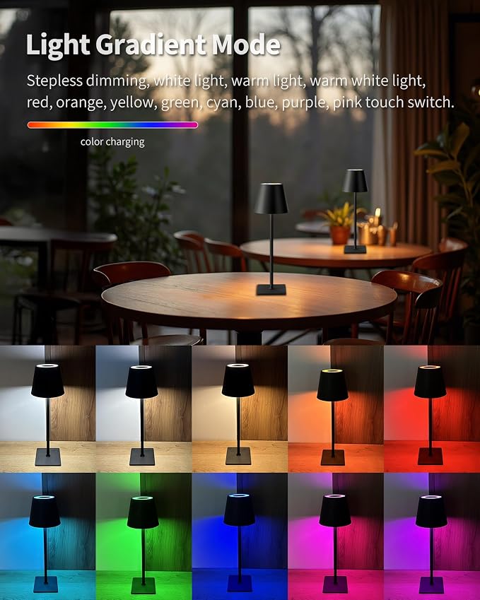KDG 2 Pack Cordless Black Table Lamps, RGB Color Stepless Dimming Desk Lamp | 4000mAh Battery Operated Rechargeable Portable LED for Restaurant, Bedroom, Outdoor Garden, Camping, Coffee Shop, Nightlight