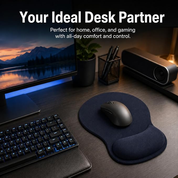 Mouse Pad with Wrist Rest Ergonomic Memory Foam Support, Non-Slip Rubber Base, Comfortable Typing Cushion for Home Office Computer Laptop, Navy Blue