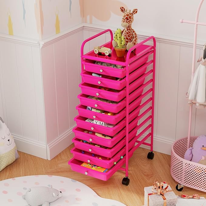 COSTWAY 10-Drawer Rolling Storage Cart, Utility Mobile Trolley | Removable Drawers & Universal Casters & 2 Brakes, Versatile Flexible Drawer Organizer Cart for Home, Office (Hot Pink)