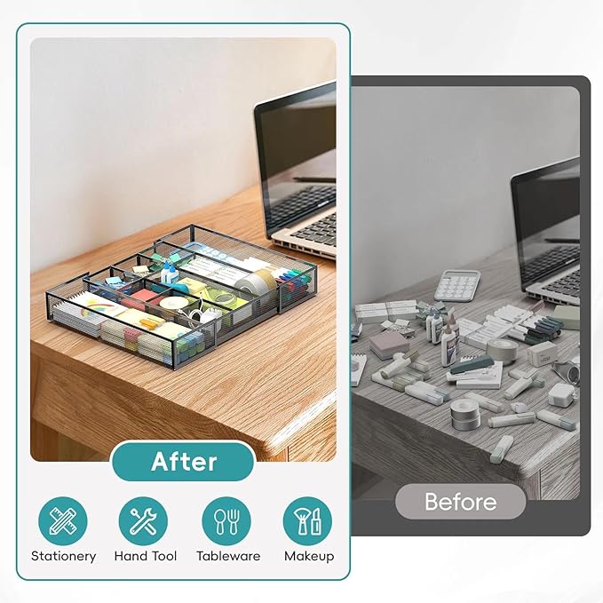 Expandable Desk Drawer Organizer Tray with 10 Adjustable Compartments, Metal Mesh Office Drawer Organizer, Versatile Desk Organizer for Home, School Supplies, Makeup Vanity & Jewelry (Black)