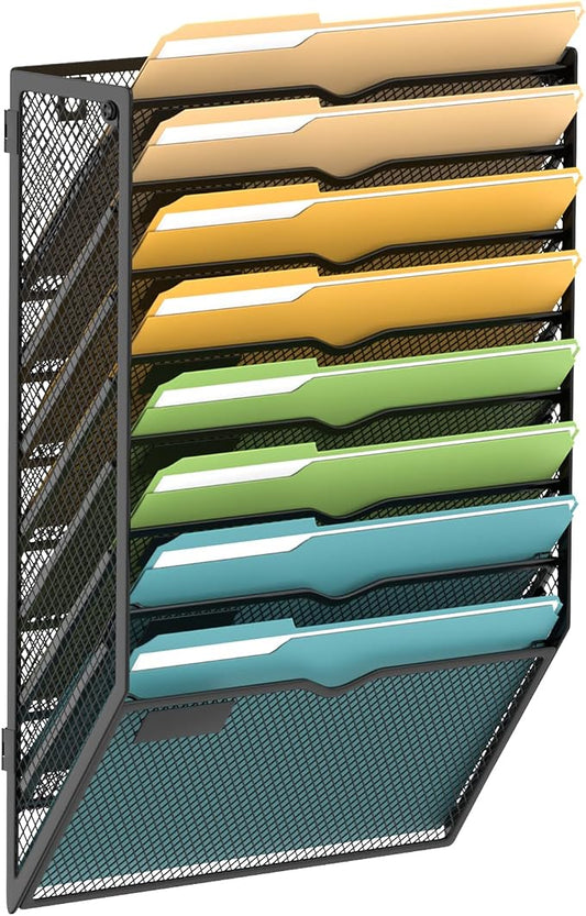 8 Tier Wall File Organizer, Hanging Wall Mounted Mail Organizer with Label Slots, Metal Mesh File Holder Magazine Rack for Office, Home, School or Classroom, Black