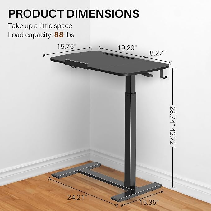 Overbed Table with Wheels, Pneumatic Height and Tilting Desktop | Top Tilts 0-60° with Anti-Slip Stops, Hook, Capacity 66 lbs, 1.18 in Low-Profile Base Slides Easily Under Beds and Sofa