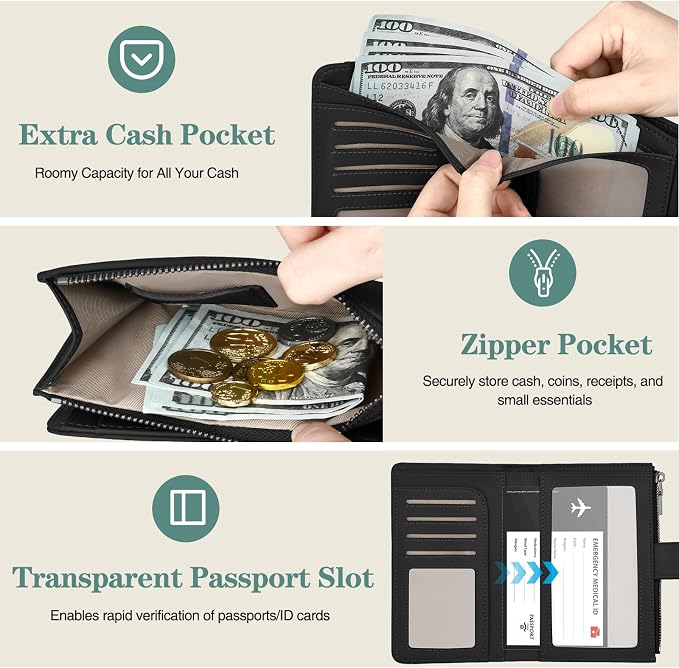 RFID Passport Holder for Travel, Leather Passport Wallet Cover with Airtag | with Airtag Slot, Card Cash Holders, Zippered Coins Pocket, for Women/Men, Gift Box, Travel Essentials, 4.1"L x 1"W x 6.3"H
