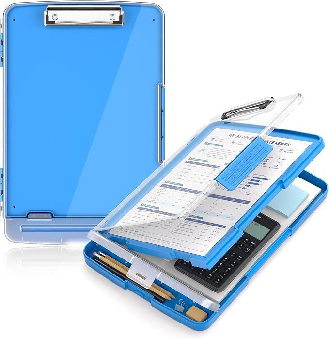 Clipboard with Storage and Pen Holder, Blue 8.5 x 11'' Folder Side Open, Heavy Duty with Dual Compartment, Clear Dry Erase for Coach, Size 14.5 x 9.8 x 1.5'', Office & School Supply