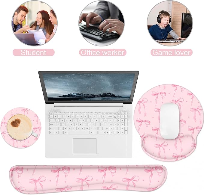 Ergonomic Mouse Pad with Wrist Rest and Keyboard Wrist Rest, Mousepad | Memory Foam Wrist Rest for Computer Keyboard, Pain Relief, Non-Slip Rubber Base, Mouse Pad Wrist Support for Gaming, Pink Bow